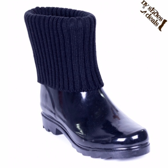 Women Rubber Rain Boots 8" Black Sock Cuff Booties - Picture 1 of 4